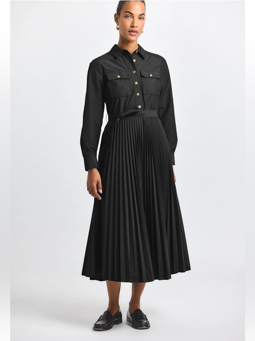 Derek Lam 10 Crosby Kenza Cotton Poly POPLIN Pleated Shirt Dress, Black, 12